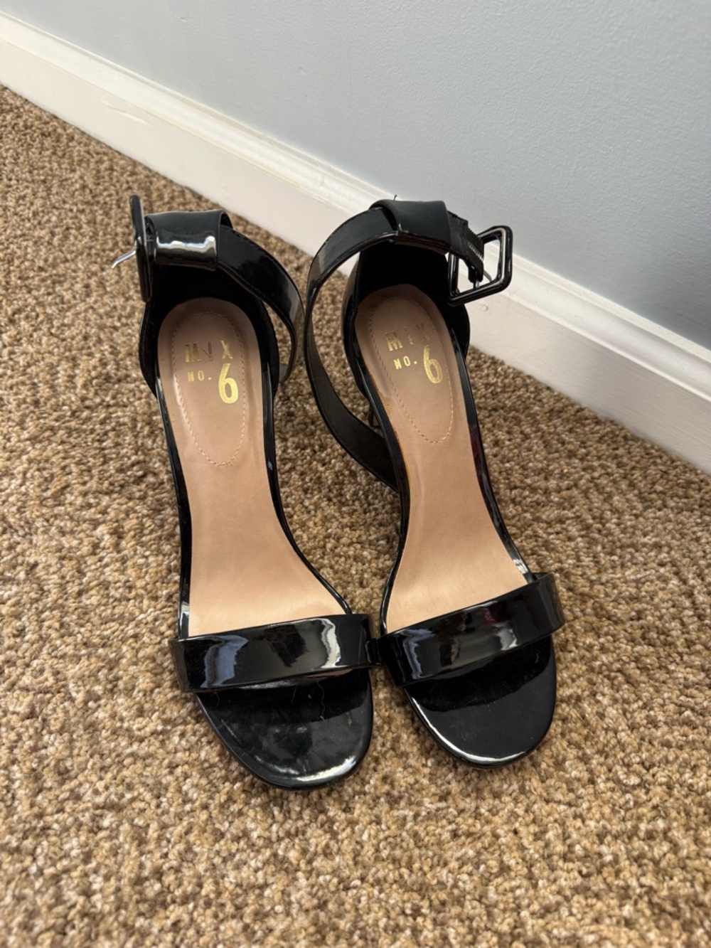 Black Patent Ankle Strap Block Heel Sandals